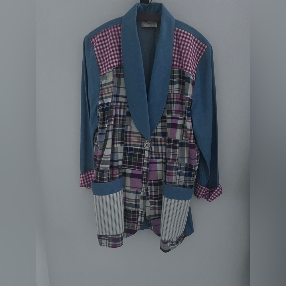 Algo Plaid Patchwork Blazer with Blue and Pink Accents